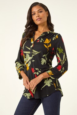 Roman Black Floral Print Notch Neck