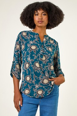 Roman Green Textured Floral Print Notch Neck Top