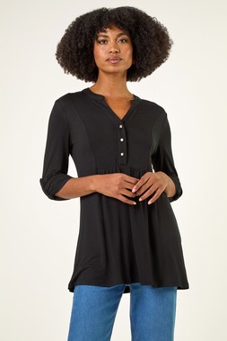 Roman Black V-Neck Button Detail Tunic Top