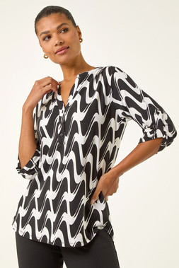 Roman Black Geometric Print V-Neck Stretch Blouse