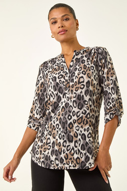 Roman Taupe Animal Print Stretch Blouse