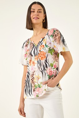 Roman Coral Animal Floral Notch Neck Top