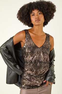 Roman Taupe Sequin V-Neck Vest Top