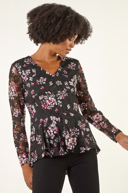 Roman Black Printed Mesh V-Neck Top