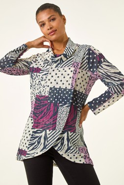 Roman Burgundy Patchwork Print Cowl Neck Top