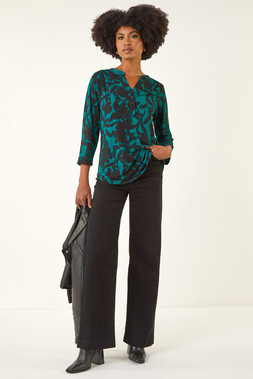 Roman Teal Floral Print V-Neck Stretch Top