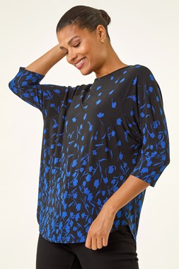 Roman Royal Blue Border Print Curved Stretch Top