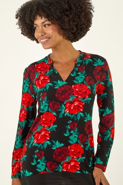 Roman Red Floral Print V-Neck Chiffon Top