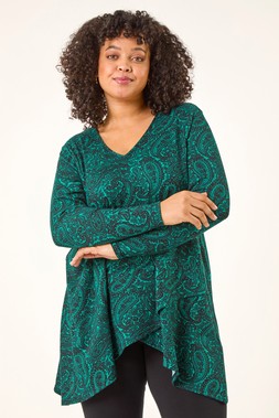 Roman Curve Green Paisley Print V-Neck Stretch Top
