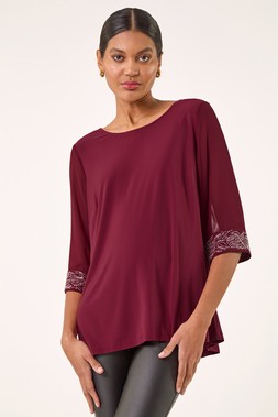 Roman Red Embellished Cuff Chiffon Top