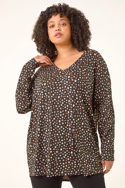 Roman Curve Black Spotted V-Neck Stretch Top