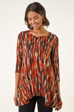 Roman Orange Abstract Print Hanky Hem Stretch Top