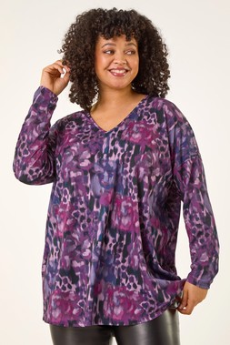 Roman Curve Purple Printed Stretch Tunic Top