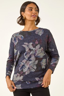 Roman Purple Floral Printed Bubble Hem Top
