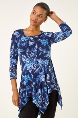 Roman Blue Floral Print Asymmetric Tunic Top