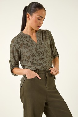 Petite Khaki Burnout Print Button Shirt
