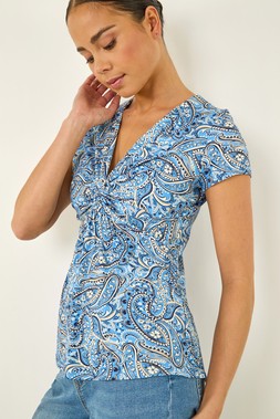 Petite Blue Abstract Twist Front Stretch Top