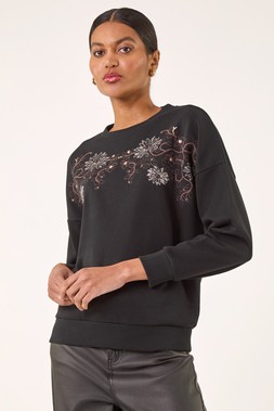 Roman Black Floral Embroidered Sweatshirt