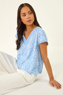 Petite Blue V-Neck Trim Stretch Top