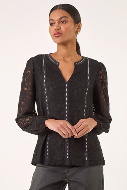 Roman Black Studded Lace Notch Neck Top