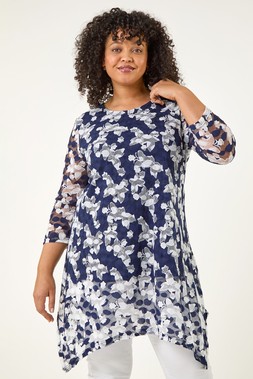 Roman Curve Navy Floral Lace Tunic Top
