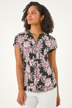 Roman Black Floral Puff Print Lace Stretch Top