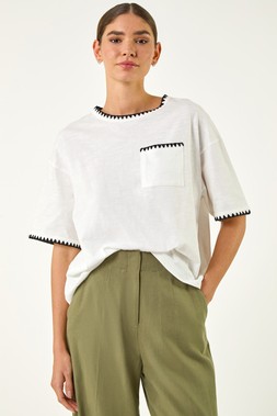 Roman Ivory Blanket Stitch Oversized T-Shirt