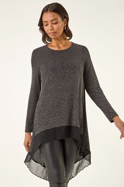Roman Black Sparkly Chiffon Hem Stretch Top