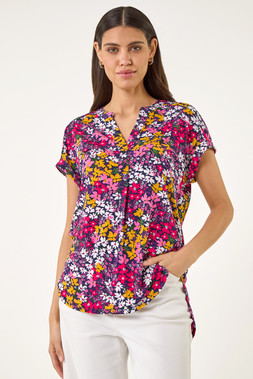 Roman Fuchsia Floral Print Stretch Shirt