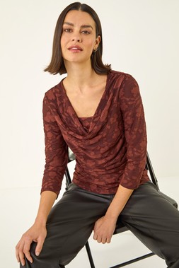 Roman Chocolate Cowl Neck Jacquard Stretch Top