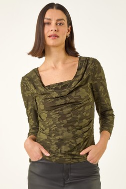 Roman Khaki Cowl Neck Jacquard Stretch Top