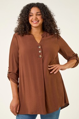 Roman Curve Chocolate Textured Buttoned Tunic Top