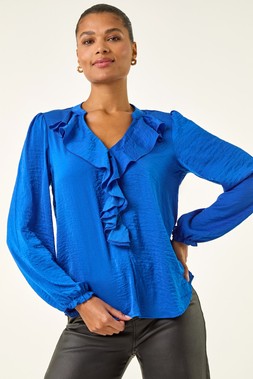 Roman Royal Blue Satin Ruffle Neck Blouse