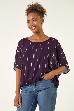 Roman Purple Foil Print Bubble Hem Top