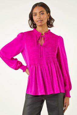 Roman Cerise Satin Pleated Tie Neck Top