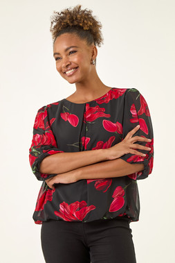 Roman Red Floral Shoulder Bow Pleated Top