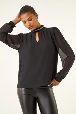 Roman Black Sparkly Trim High Neck Top