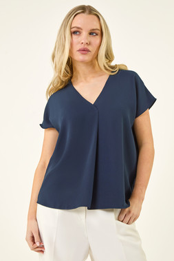 Petite Navy V-Neck Tuck Front Top