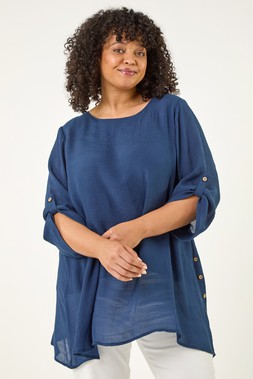 Roman Curve Navy Buttoned Side Asymmetric Top