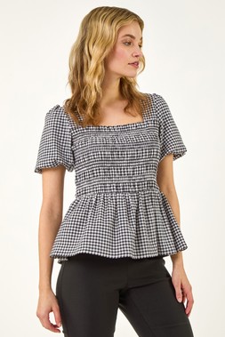 Dusk Black Gingham Shirred Peplum Top