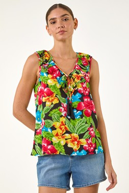 Roman Floral Print Tie Front Frill Top