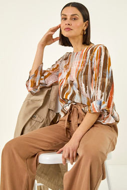 Roman Rust Abstract Print Frill Sleeve Top