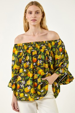 Roman Orange Floral Citrus Bardot Top