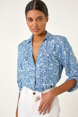 Roman Light Denim Floral Print Button Through Shirt