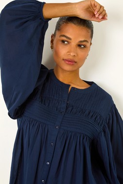 Roman Navy Pleat Detail Button Through Blouse