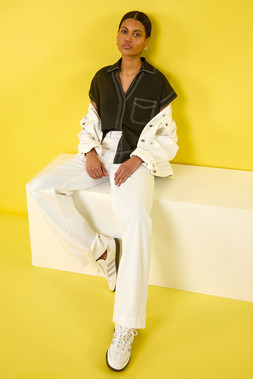 Roman Black Contrast Stitch Shirt & White Cotton Blend Wide Leg Stretch Jeans