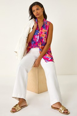 Roman Pink Floral Print Sleeveless Blouse