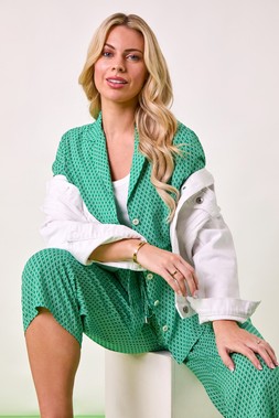 Roman Petite Green Geo Button Up Blouse and Trousers