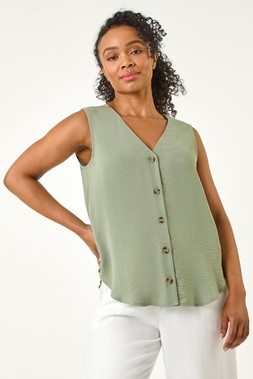 Roman Petite Khaki Button Sleeveless Blouse