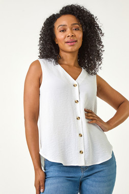 Roman Petite White Button Sleeveless Blouse